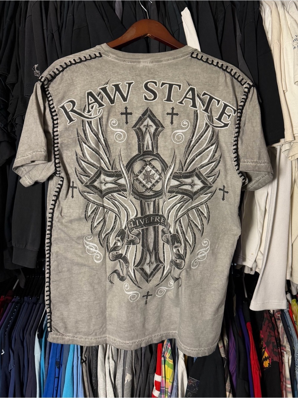 Raw State Redemption Shirt Men’s Large Grey Y2K Emo Stitching Tribal Gothic 00s